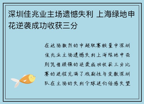 深圳佳兆业主场遗憾失利 上海绿地申花逆袭成功收获三分